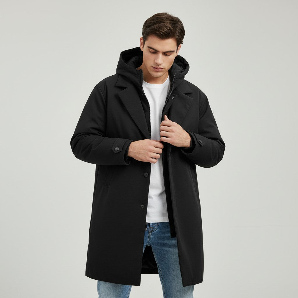 Villaayr Men’s Long Puffer Trench Coat with Hood-Villaayr