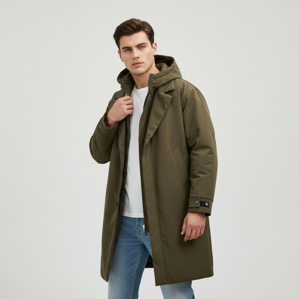 Villaayr Men’s Long Puffer Trench Coat with Hood-Villaayr