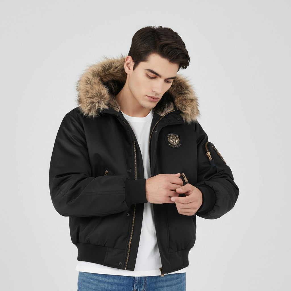 Villaayr Men’s Quilted Bomber Jacket with Faux Fur Hood-Villaayr