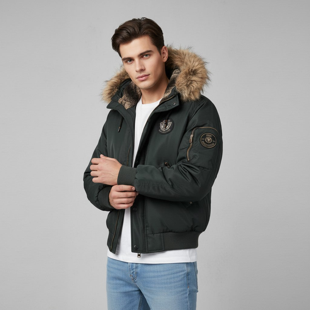 Villaayr Men’s Quilted Bomber Jacket with Faux Fur Hood-Villaayr