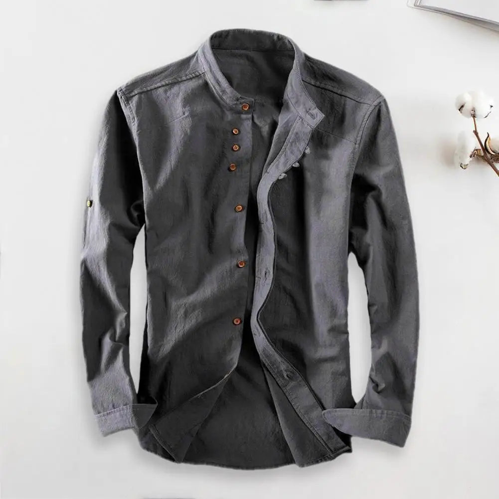 Men’s Casual Vintage Slim Fit Shirt with Stand Collar-villaayr.com