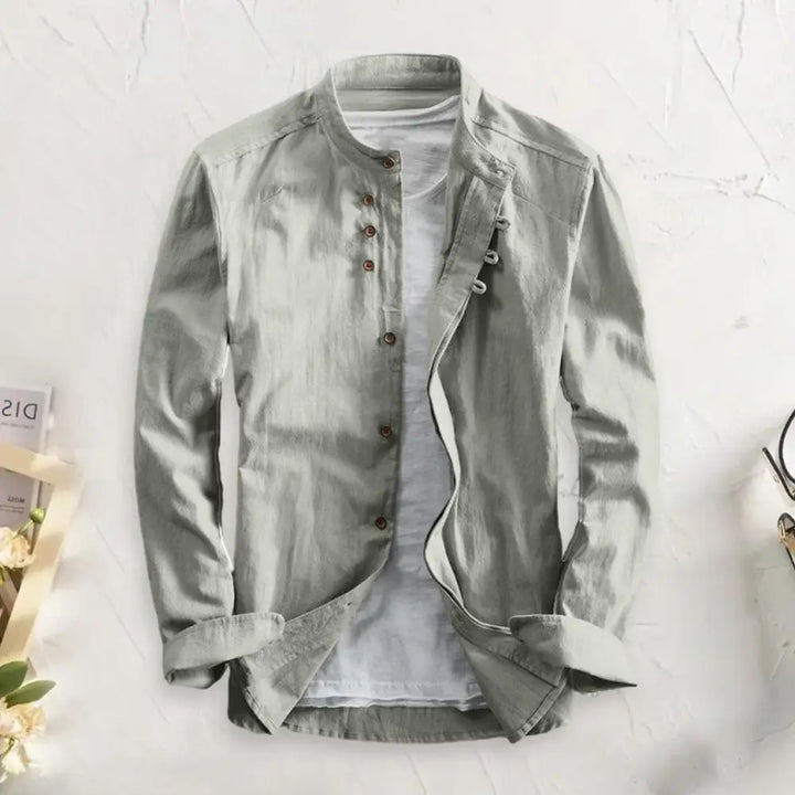 Men’s Casual Vintage Slim Fit Shirt with Stand Collar-villaayr.com