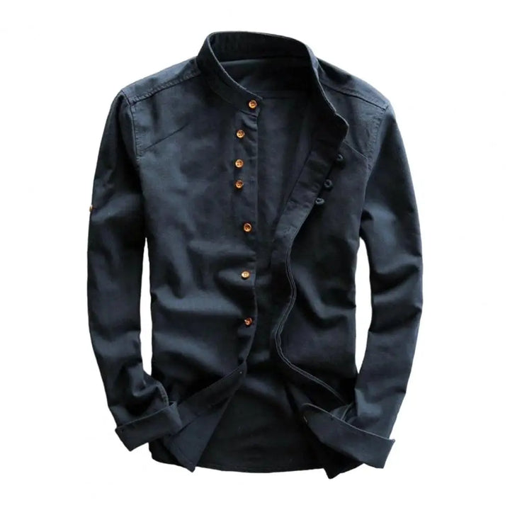 Men’s Casual Vintage Slim Fit Shirt with Stand Collar-villaayr.com