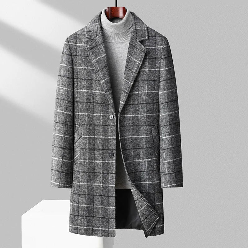 Men’s Check Pattern Overcoat with Button Closure-Villaayr