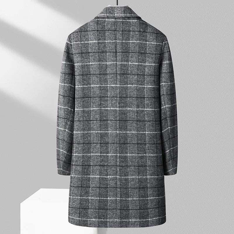 Men’s Check Pattern Overcoat with Button Closure-Villaayr