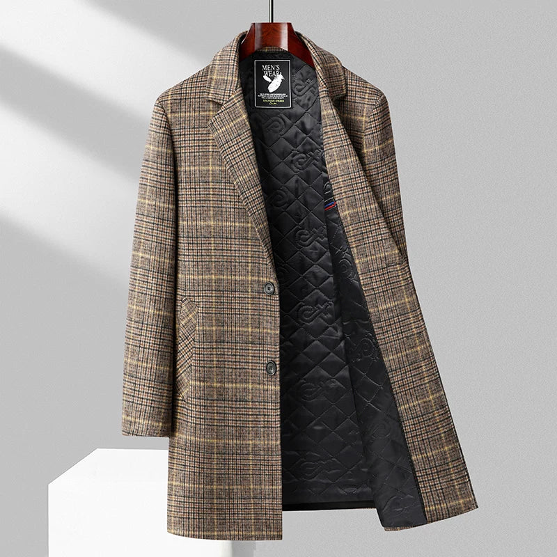 Men’s Check Pattern Overcoat with Button Closure-Villaayr
