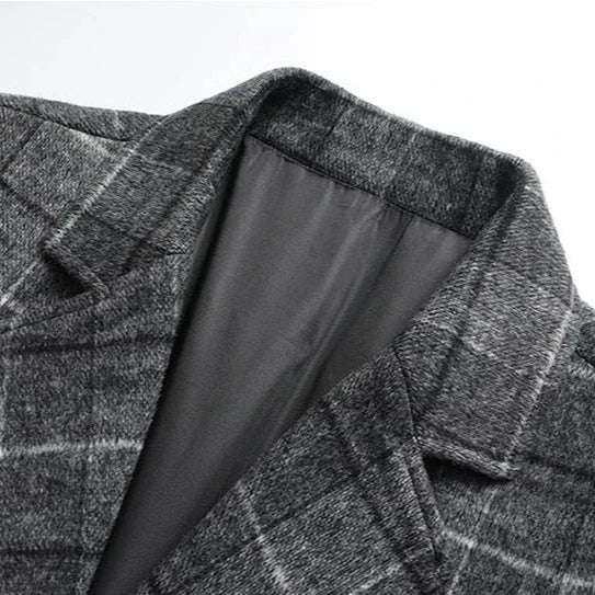 Men’s Check Pattern Overcoat with Button Closure-Villaayr