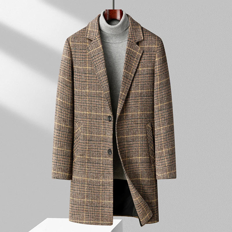 Men’s Check Pattern Overcoat with Button Closure-Villaayr