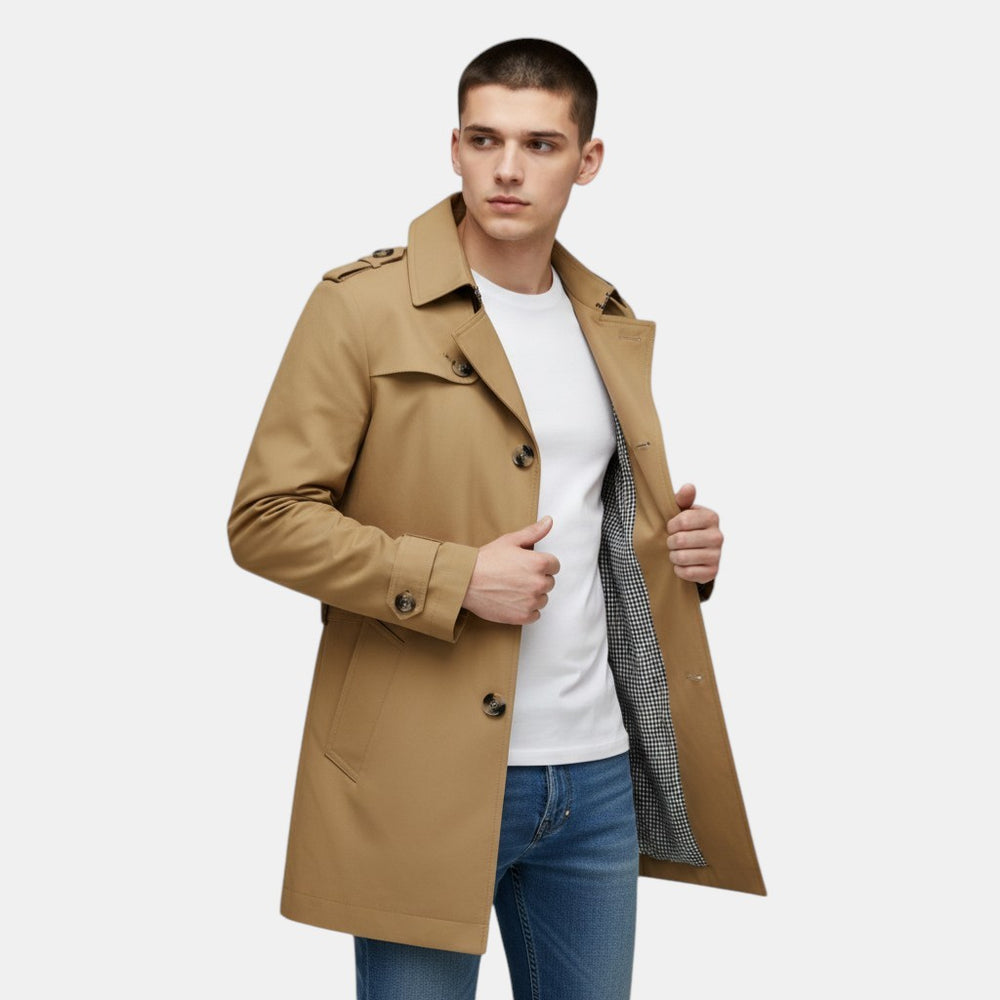 Men’s Classic Trench Coat with Button Closure-Villaayr