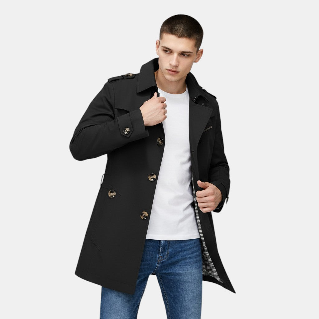 Men’s Classic Trench Coat with Button Closure-Villaayr