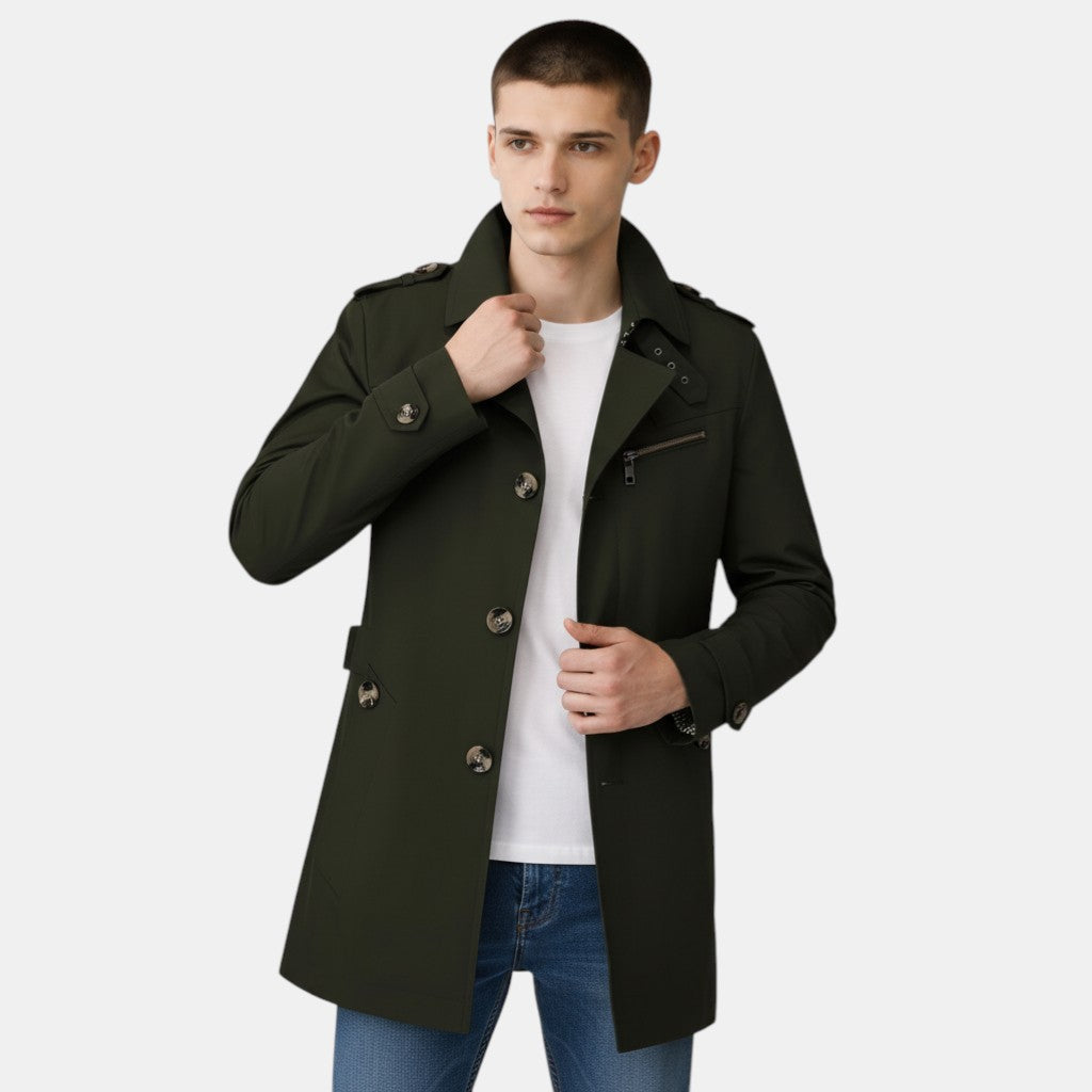 Men’s Classic Trench Coat with Button Closure-Villaayr