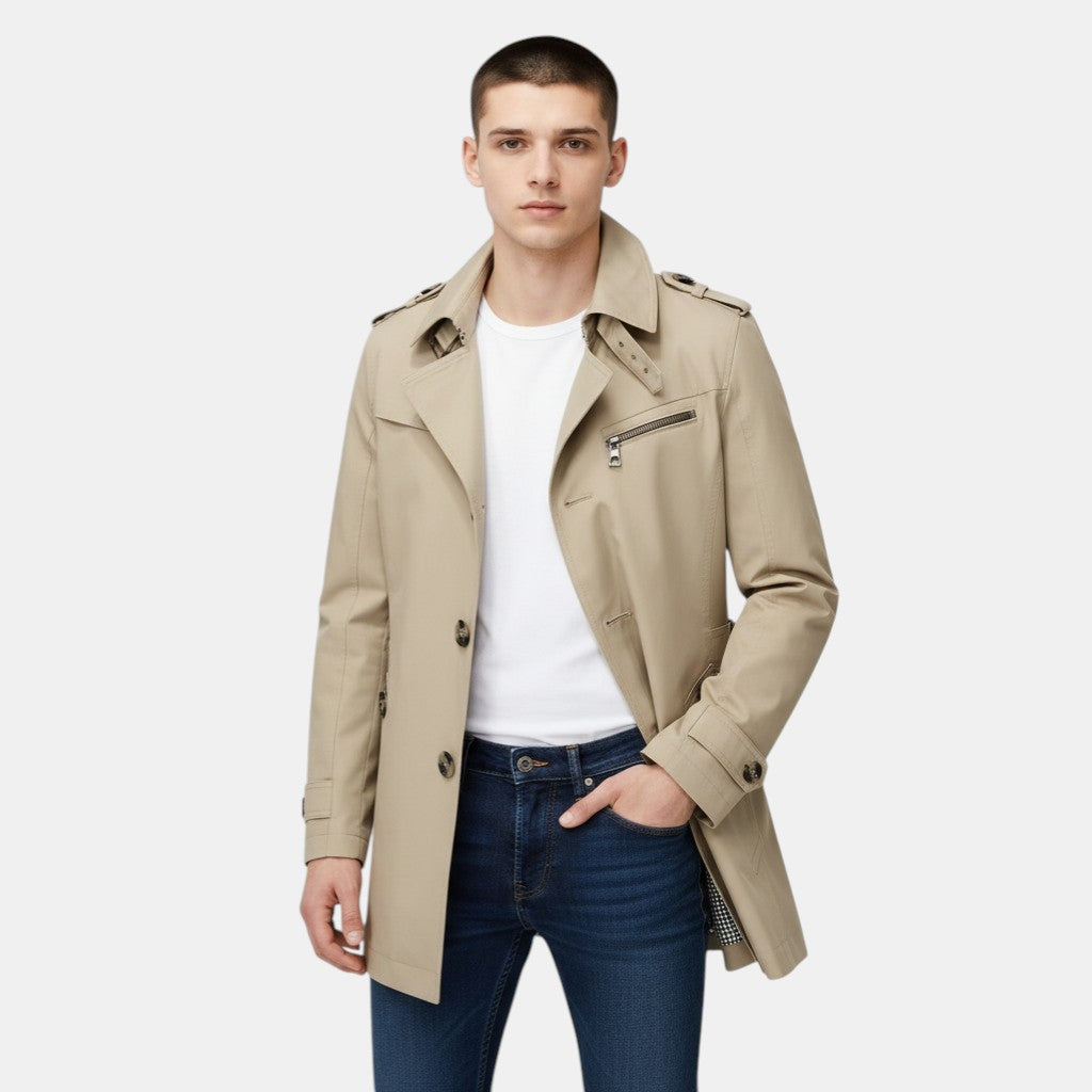 Men’s Classic Trench Coat with Button Closure-Villaayr