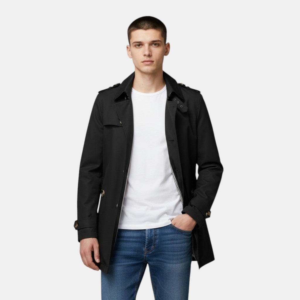 Men’s Classic Trench Coat with Button Closure-Villaayr