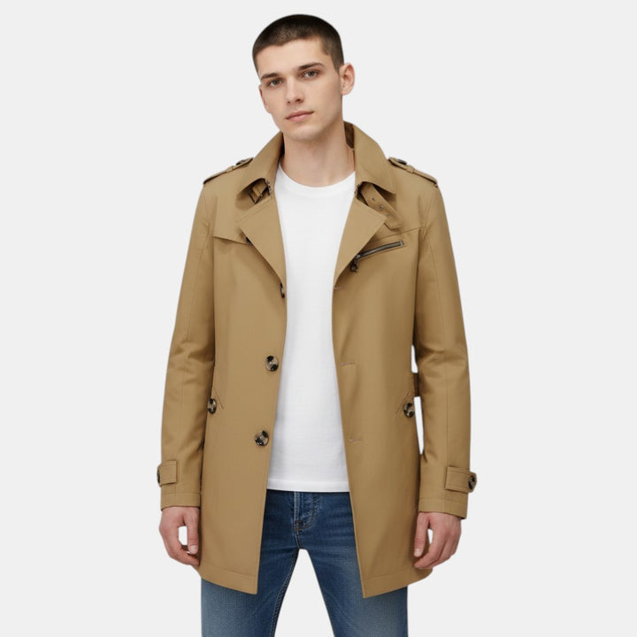 Men’s Classic Trench Coat with Button Closure-Villaayr