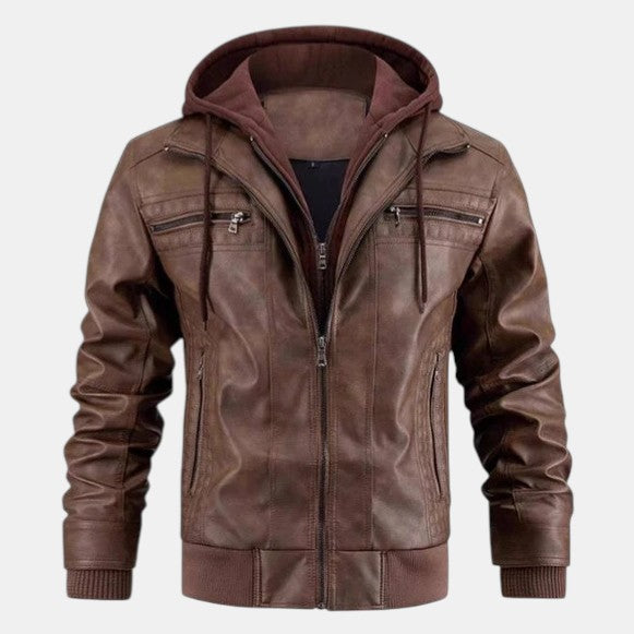 Men’s Faux Leather Bomber Jacket with Hood Zip Up-Villaayr