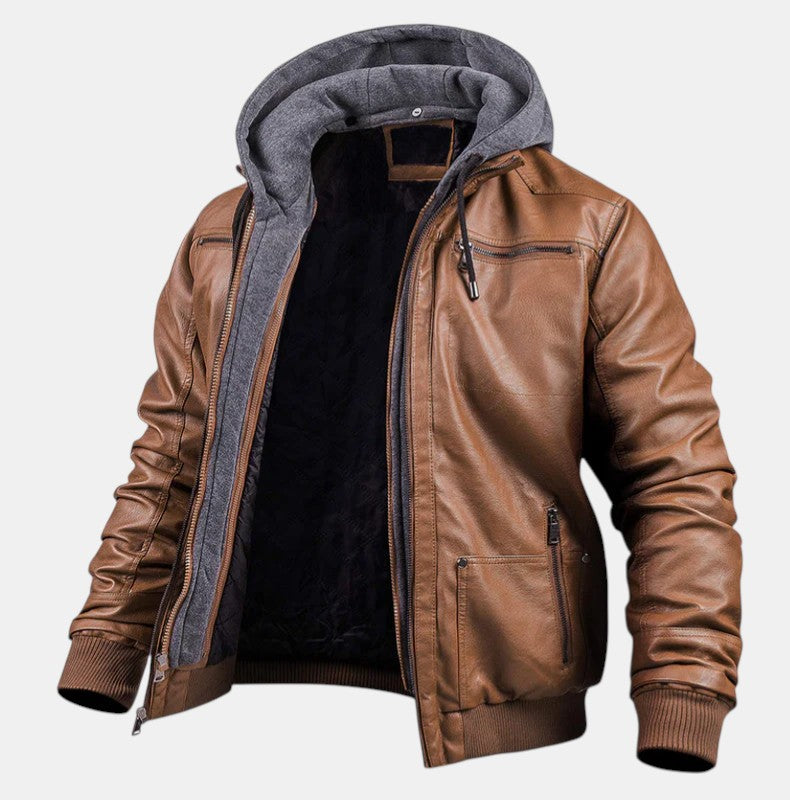 Men’s Faux Leather Bomber Jacket with Hood Zip Up-Villaayr