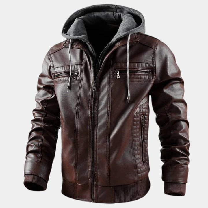 Men’s Faux Leather Bomber Jacket with Hood Zip Up-Villaayr