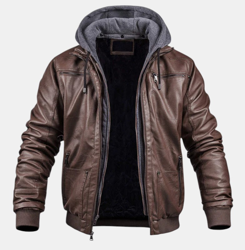 Men’s Faux Leather Bomber Jacket with Hood Zip Up-Villaayr