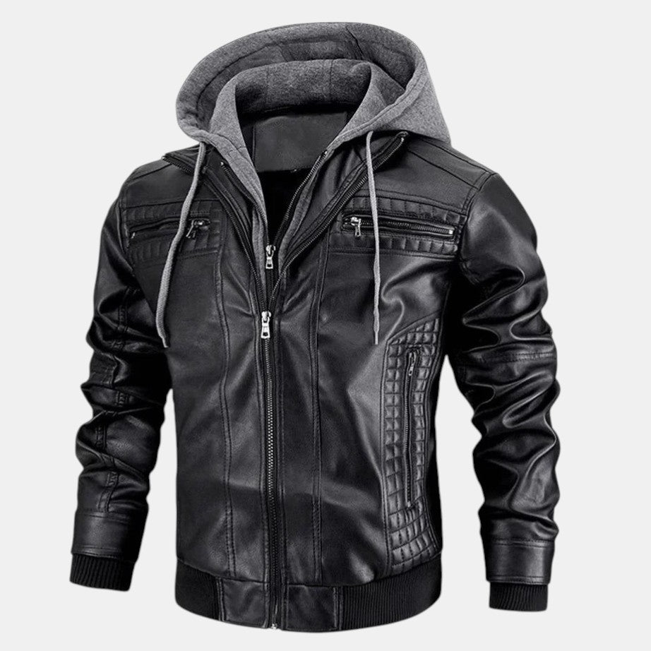 Men’s Faux Leather Bomber Jacket with Hood Zip Up-Villaayr