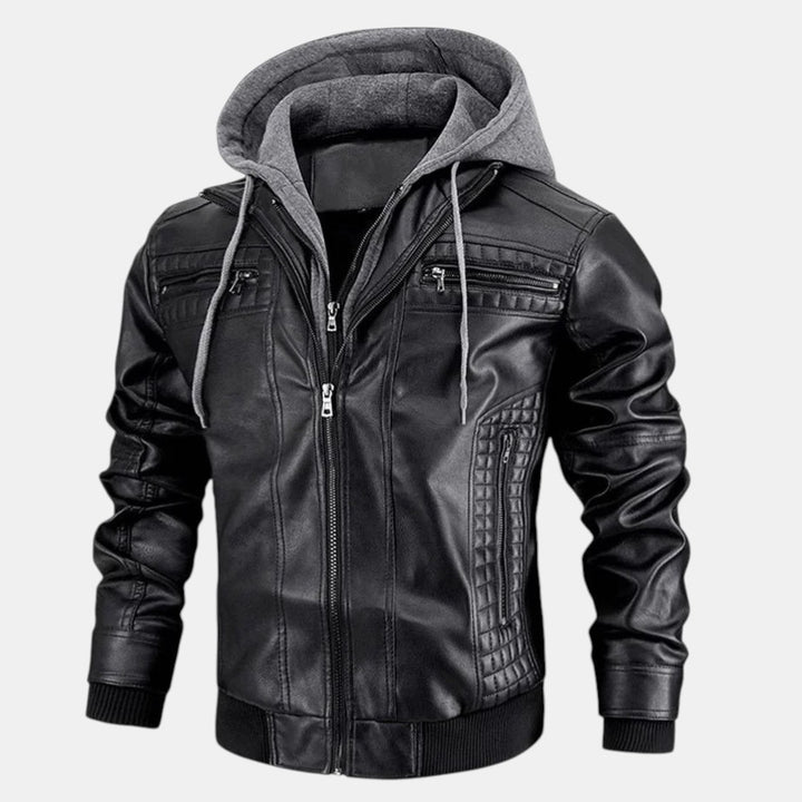 Men’s Faux Leather Bomber Jacket with Hood Zip Up-Villaayr