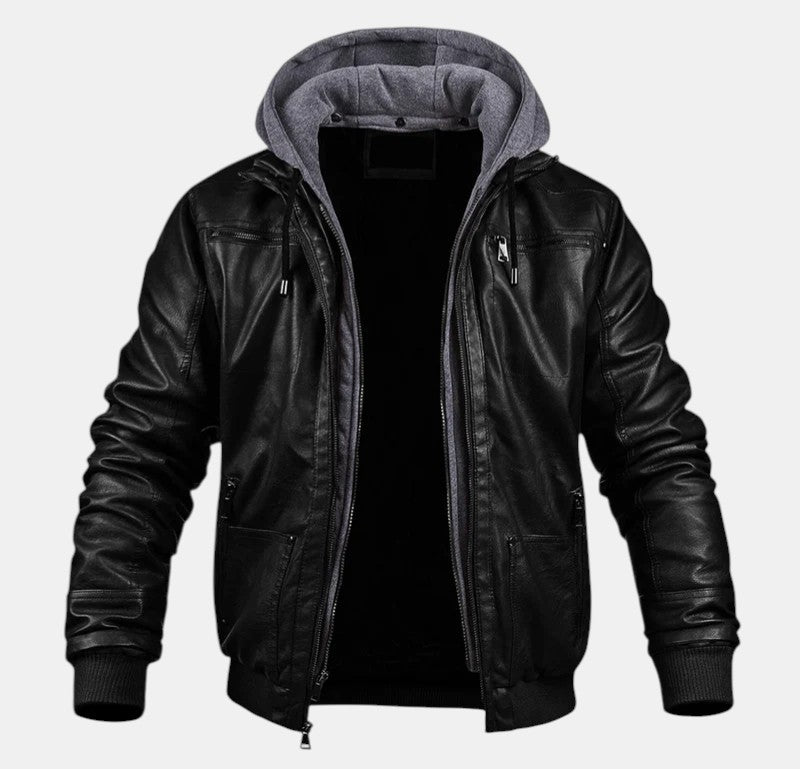 Men’s Faux Leather Bomber Jacket with Hood Zip Up-Villaayr