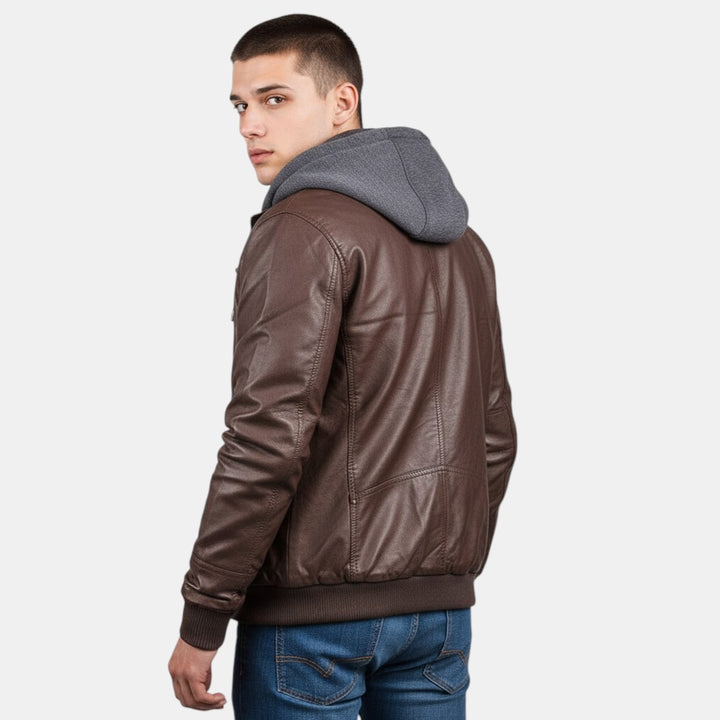 Men’s Faux Leather Bomber Jacket with Hood Zip Up-Villaayr