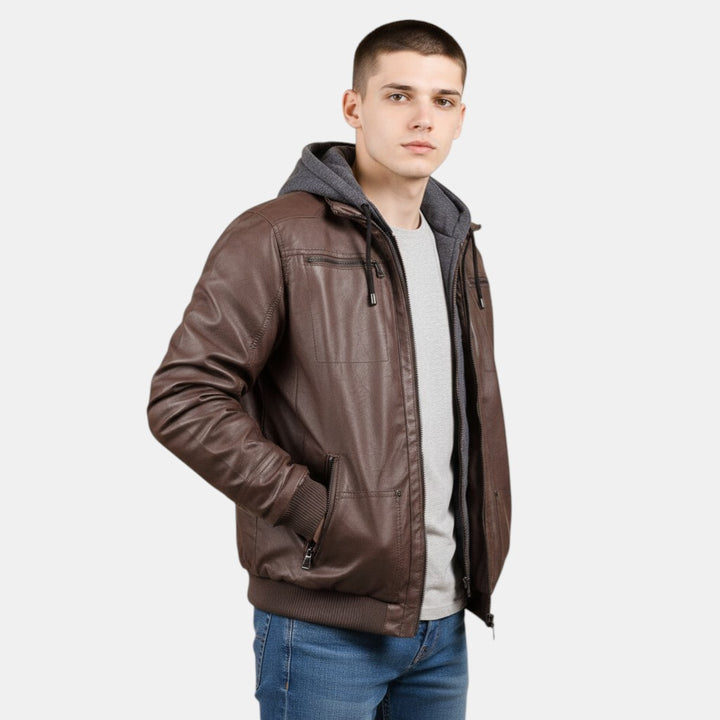 Men’s Faux Leather Bomber Jacket with Hood Zip Up-Villaayr