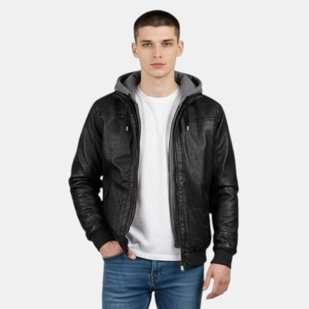 Men’s Faux Leather Bomber Jacket with Hood Zip Up-Villaayr