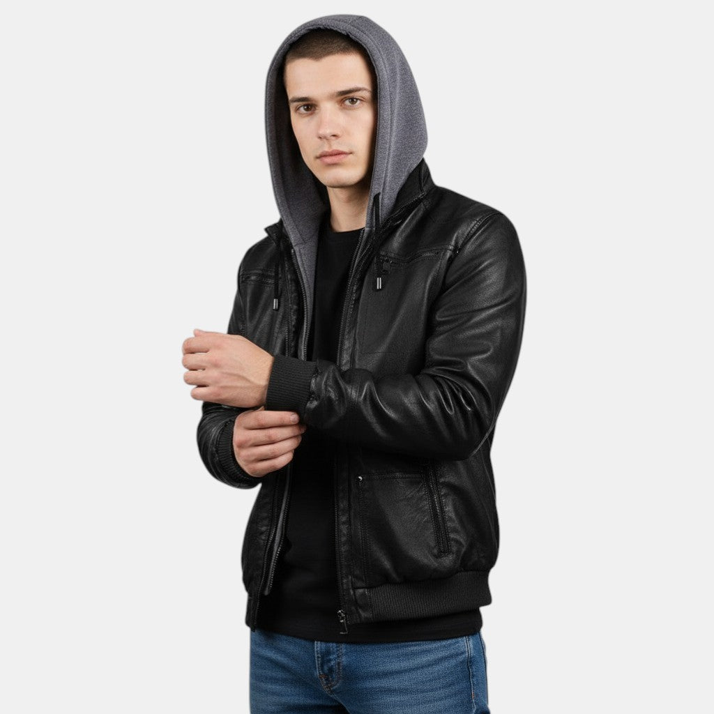 Men’s Faux Leather Bomber Jacket with Hood Zip Up-Villaayr