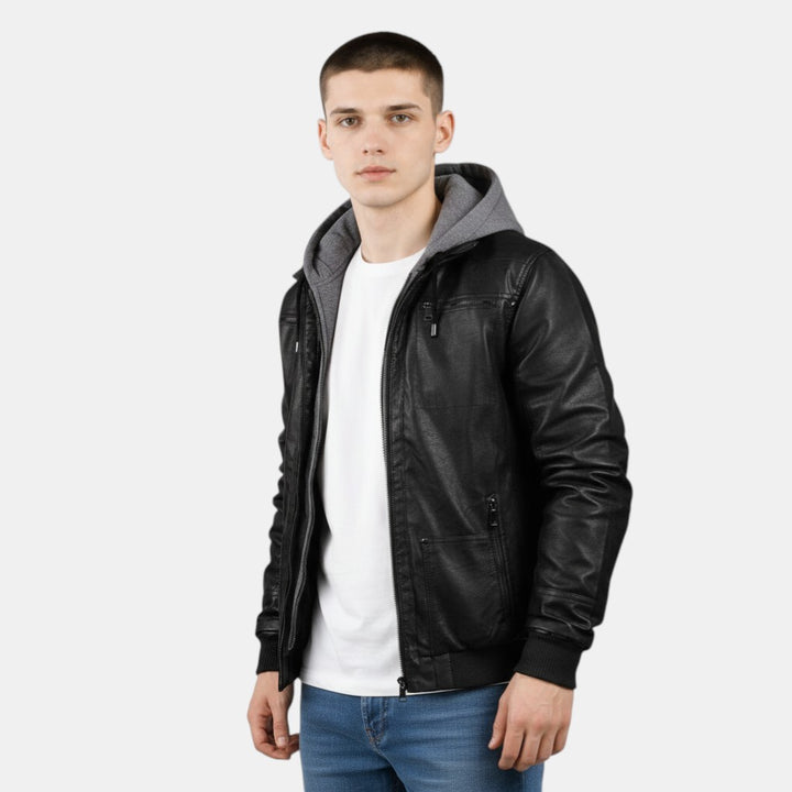 Men’s Faux Leather Bomber Jacket with Hood Zip Up-Villaayr