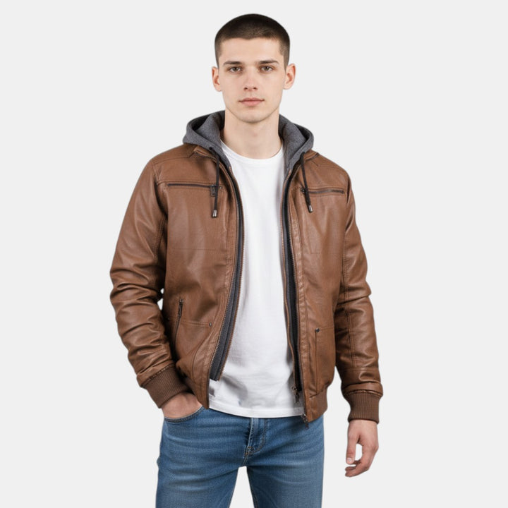 Men’s Faux Leather Bomber Jacket with Hood Zip Up-Villaayr