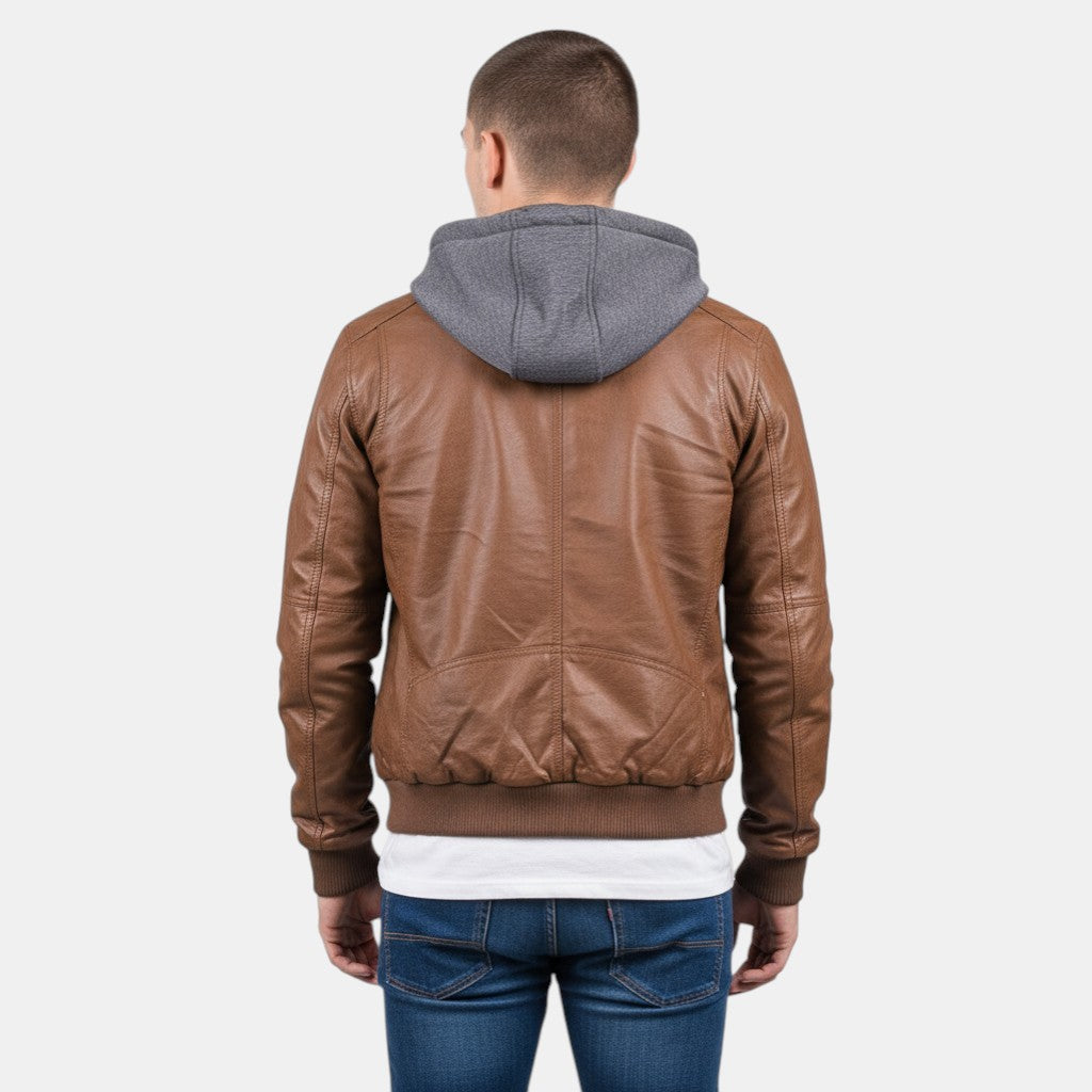 Men’s Faux Leather Bomber Jacket with Hood Zip Up-Villaayr