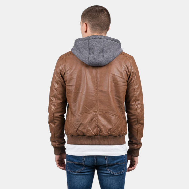 Men’s Faux Leather Bomber Jacket with Hood Zip Up-Villaayr