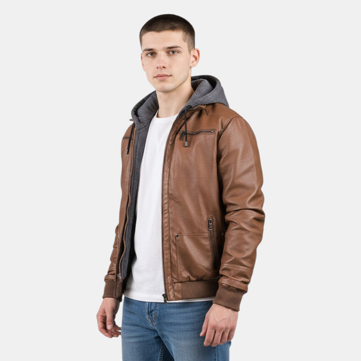 Men’s Faux Leather Bomber Jacket with Hood Zip Up-Villaayr