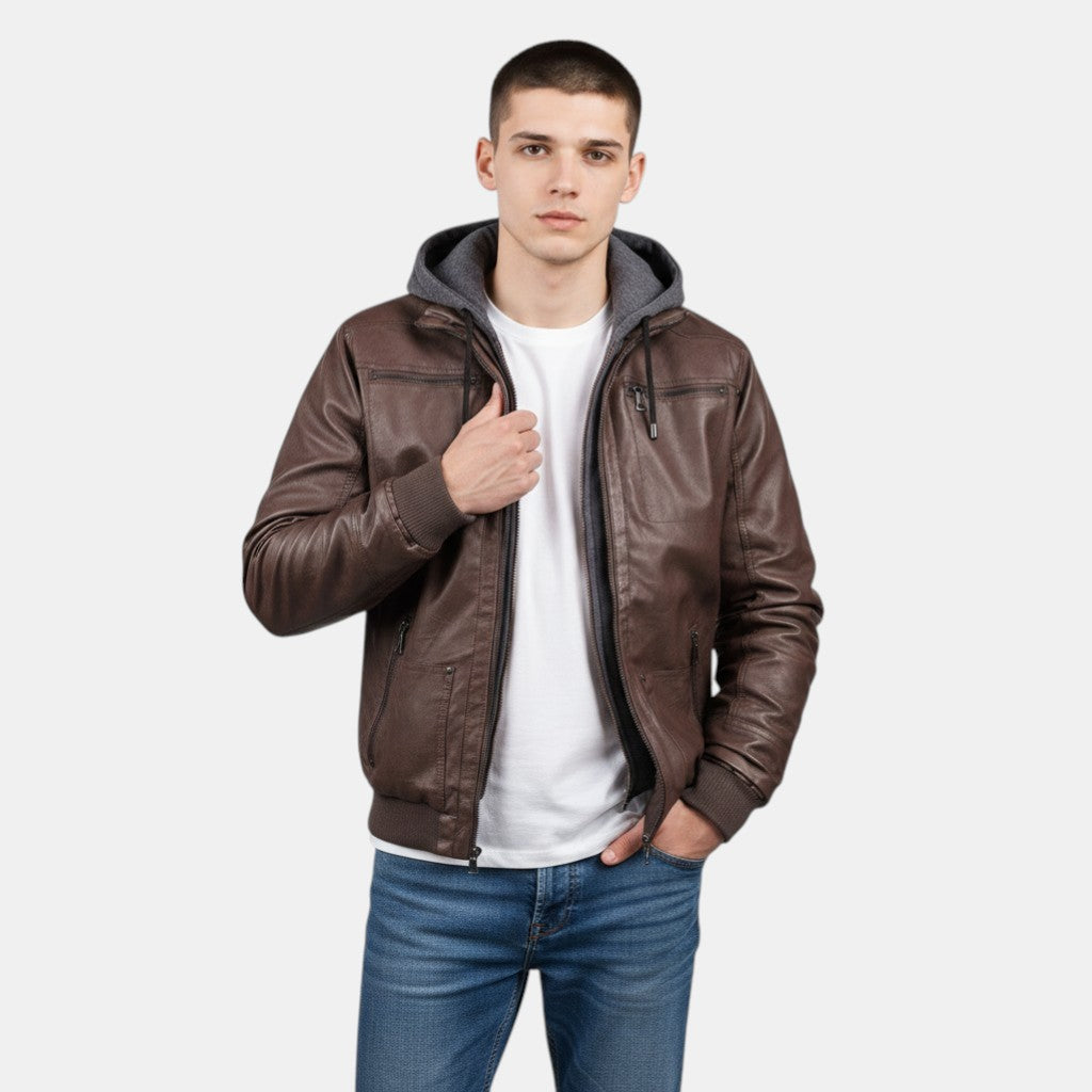 Men’s Faux Leather Bomber Jacket with Hood Zip Up-Villaayr