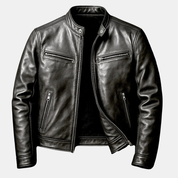 Men’s Faux Leather Jacket with Stand Collar Zip Up-Villaayr