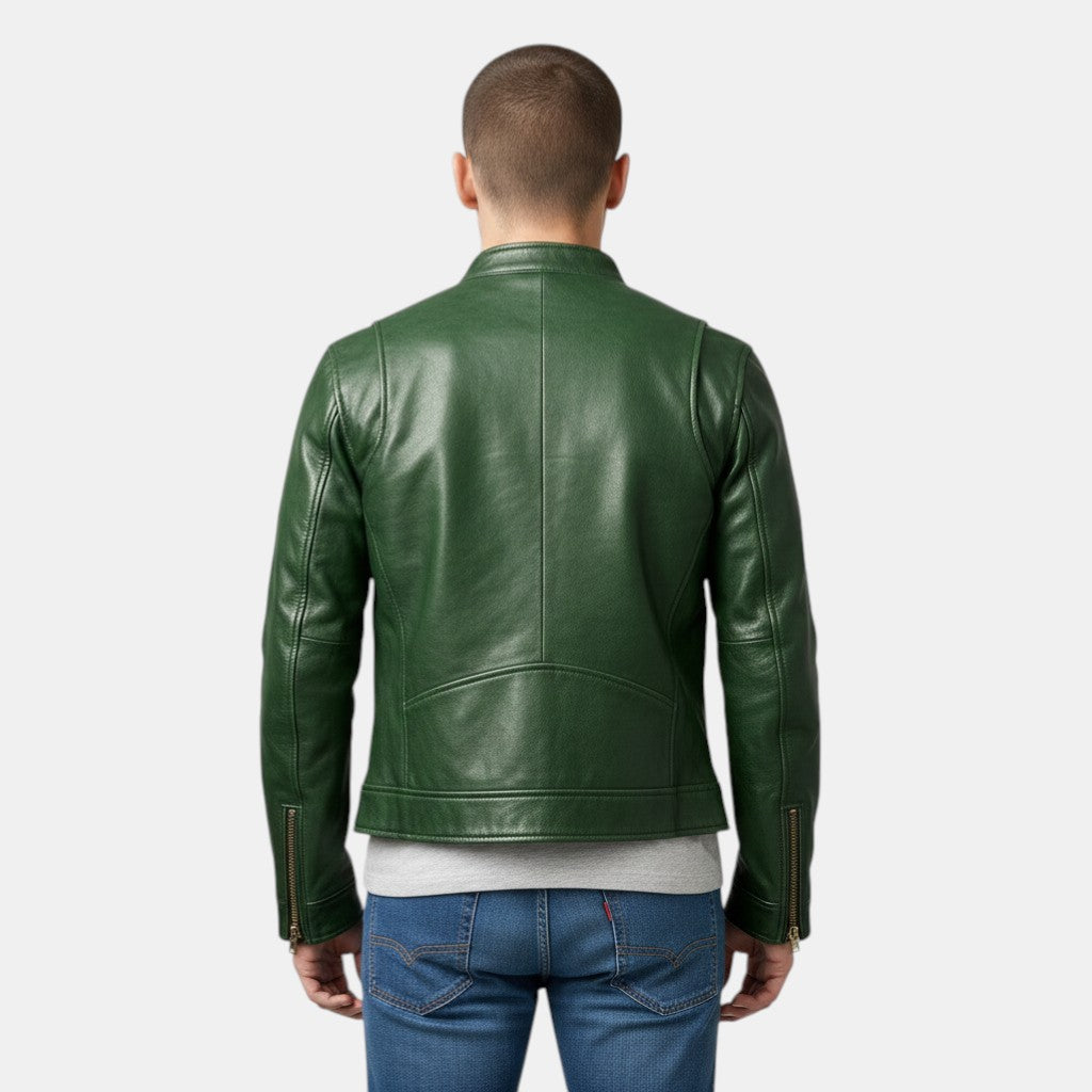 Men’s Faux Leather Jacket with Stand Collar Zip Up-Villaayr