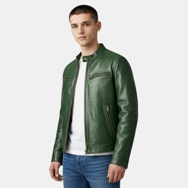 Men’s Faux Leather Jacket with Stand Collar Zip Up-Villaayr