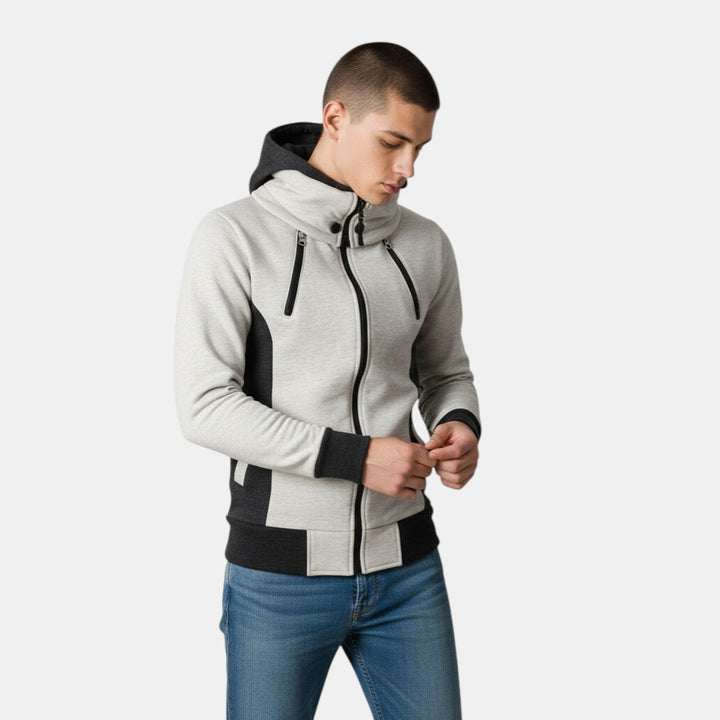 Men’s Hooded Zip Up Jacket with Color Block Design-Villaayr