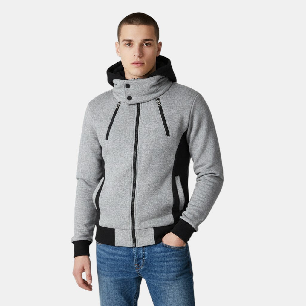 Men’s Hooded Zip Up Jacket with Color Block Design-Villaayr