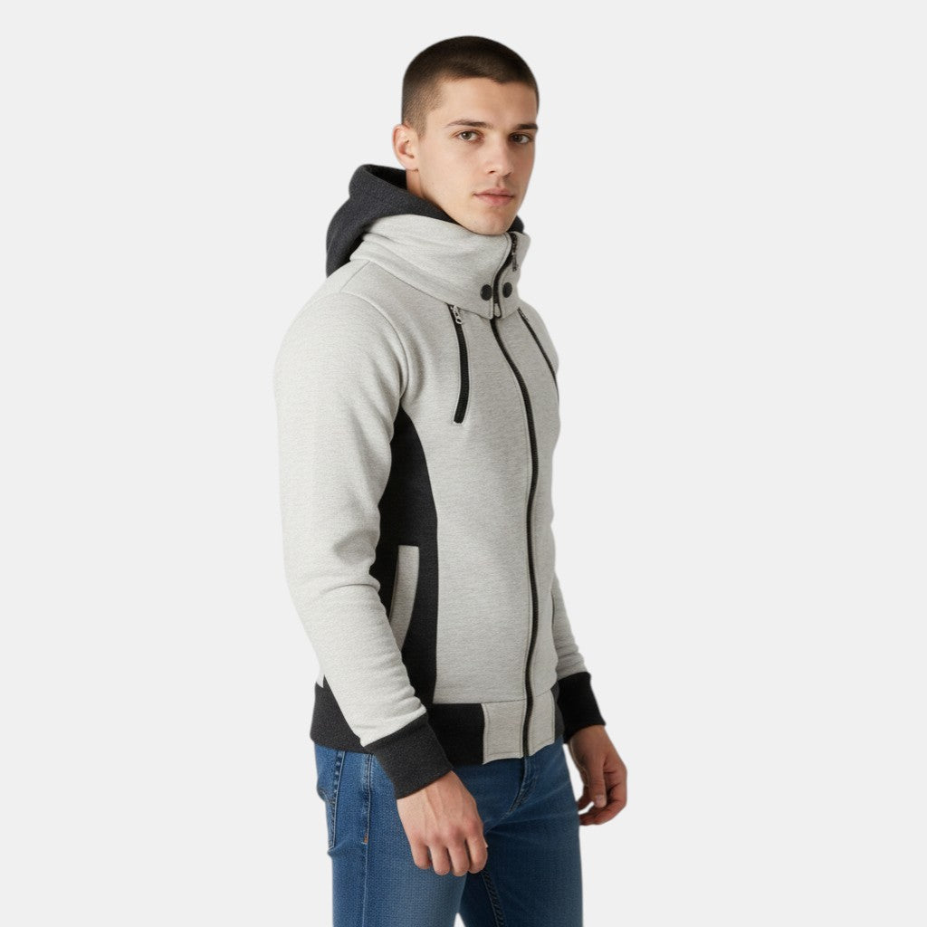 Men’s Hooded Zip Up Jacket with Color Block Design-Villaayr