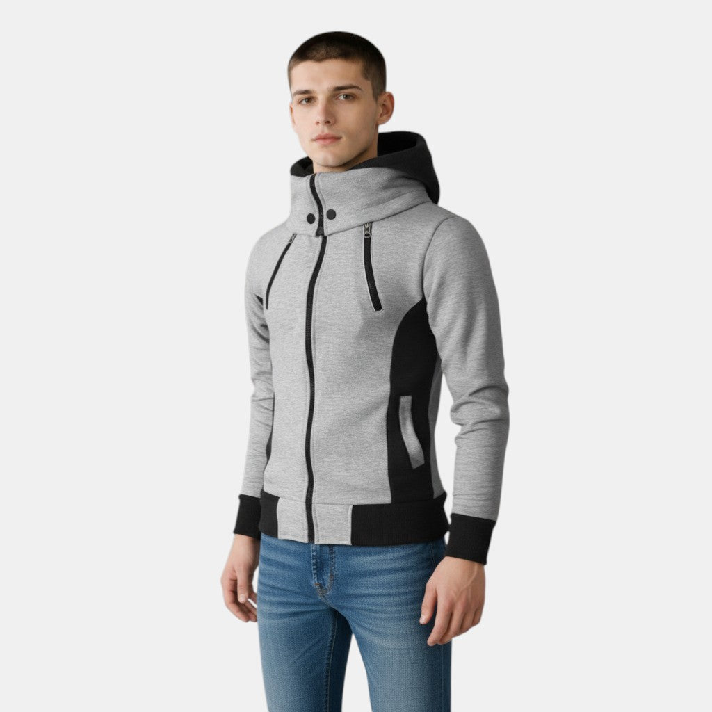 Men’s Hooded Zip Up Jacket with Color Block Design-Villaayr