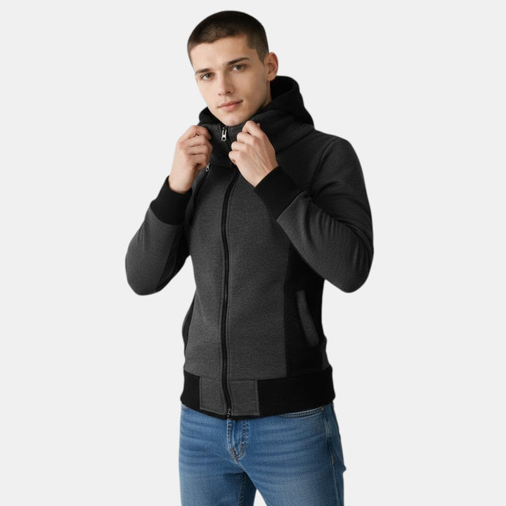 Men’s Hooded Zip Up Jacket with Color Block Design-Villaayr