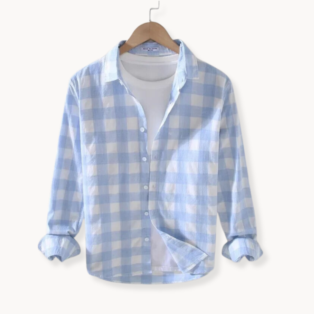 Men’s Long Sleeve Checkered Cotton Shirt with Button-Villaayr