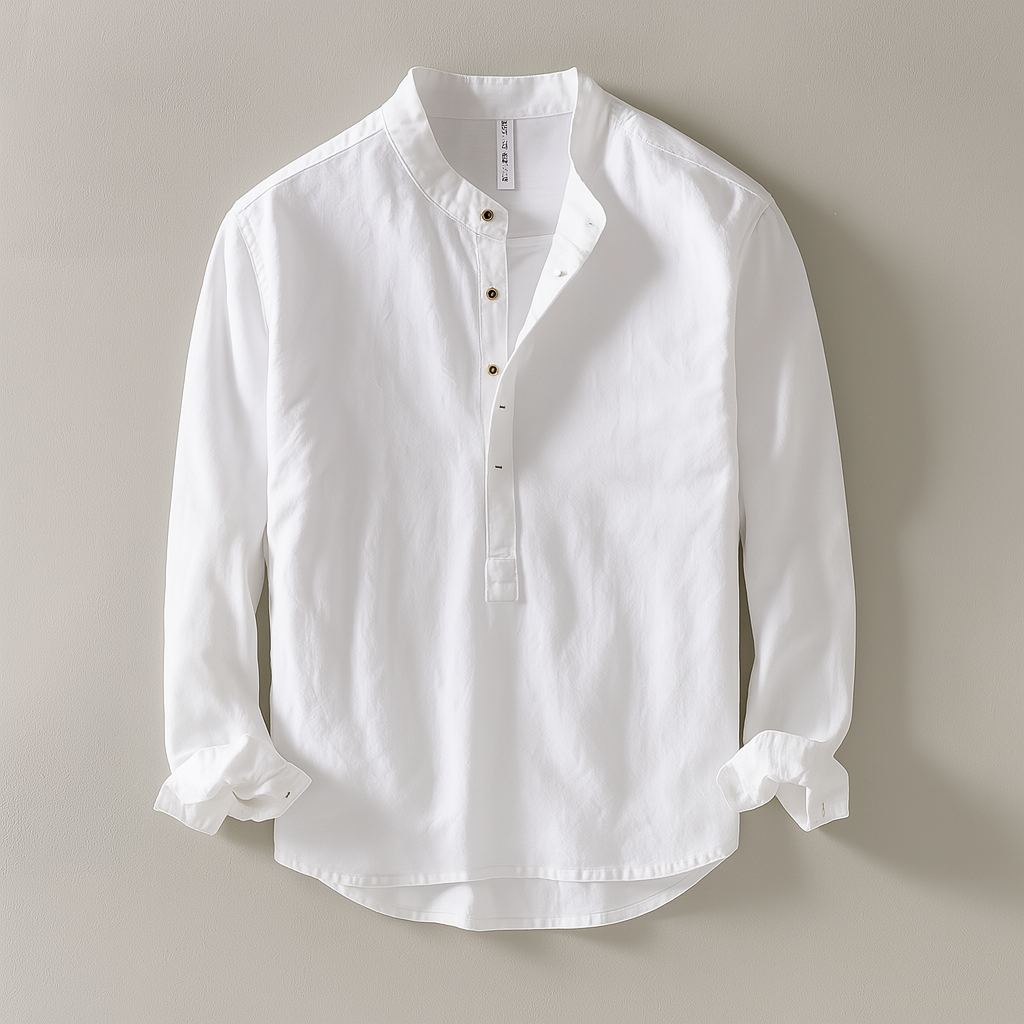 Men’s Mandarin Collar Shirt in Cotton-Linen Blend-villaayr.com