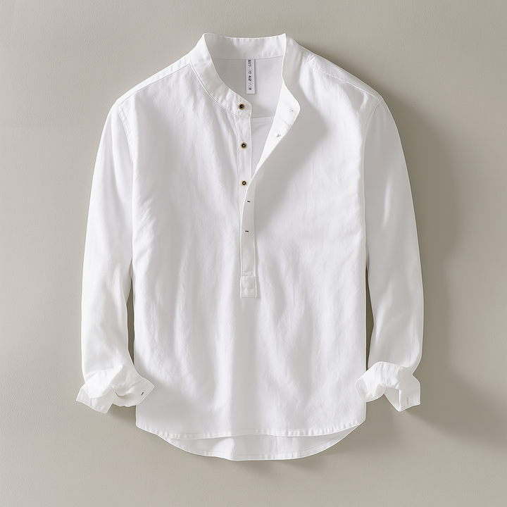 Men’s Mandarin Collar Shirt in Cotton-Linen Blend-villaayr.com