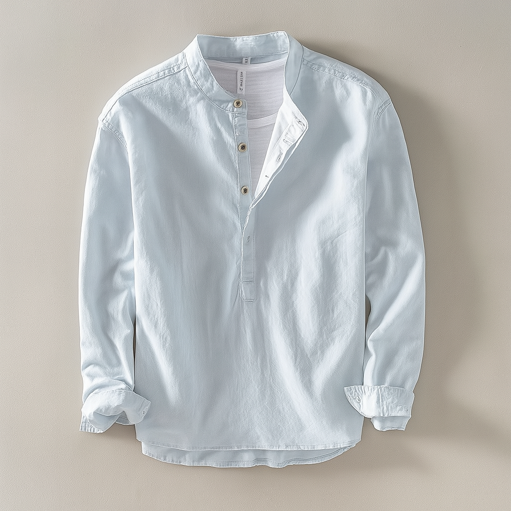 Men’s Mandarin Collar Shirt in Cotton-Linen Blend-villaayr.com