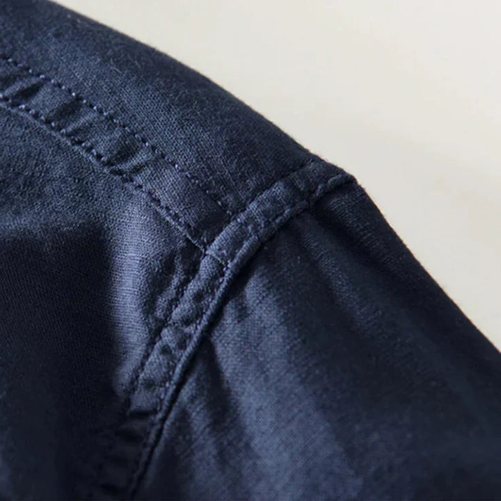 Men’s Mandarin Collar Shirt in Cotton-Linen Blend-villaayr.com