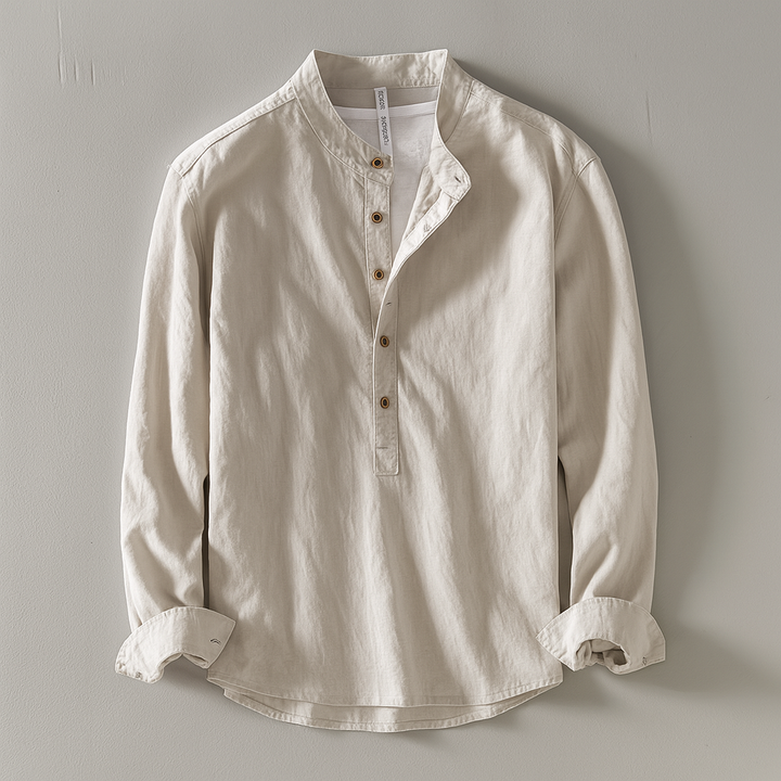 Men’s Mandarin Collar Shirt in Cotton-Linen Blend-villaayr.com