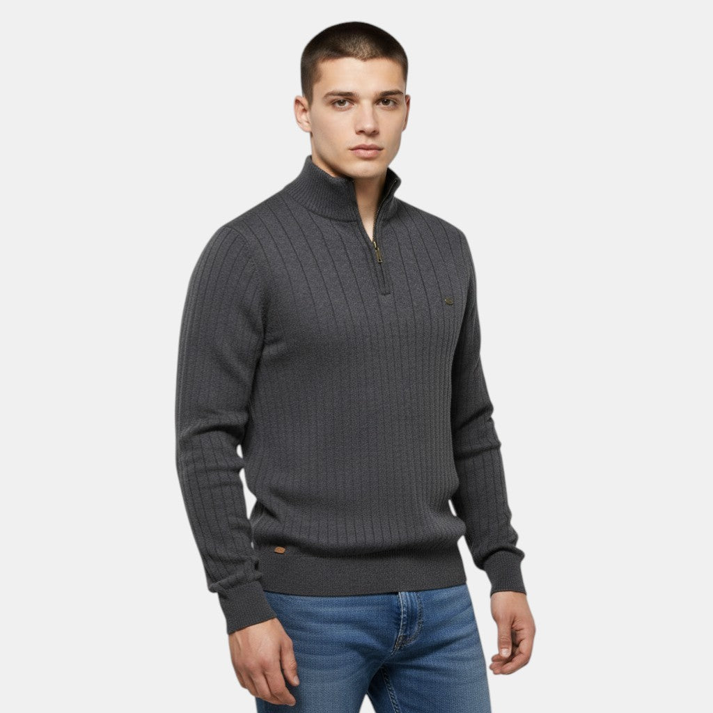 Men’s Ribbed Knit Sweater with Half Zip High Neck Pullover-Villaayr